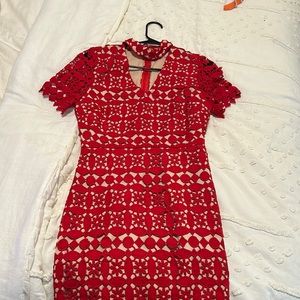 Red and tan lace up dress